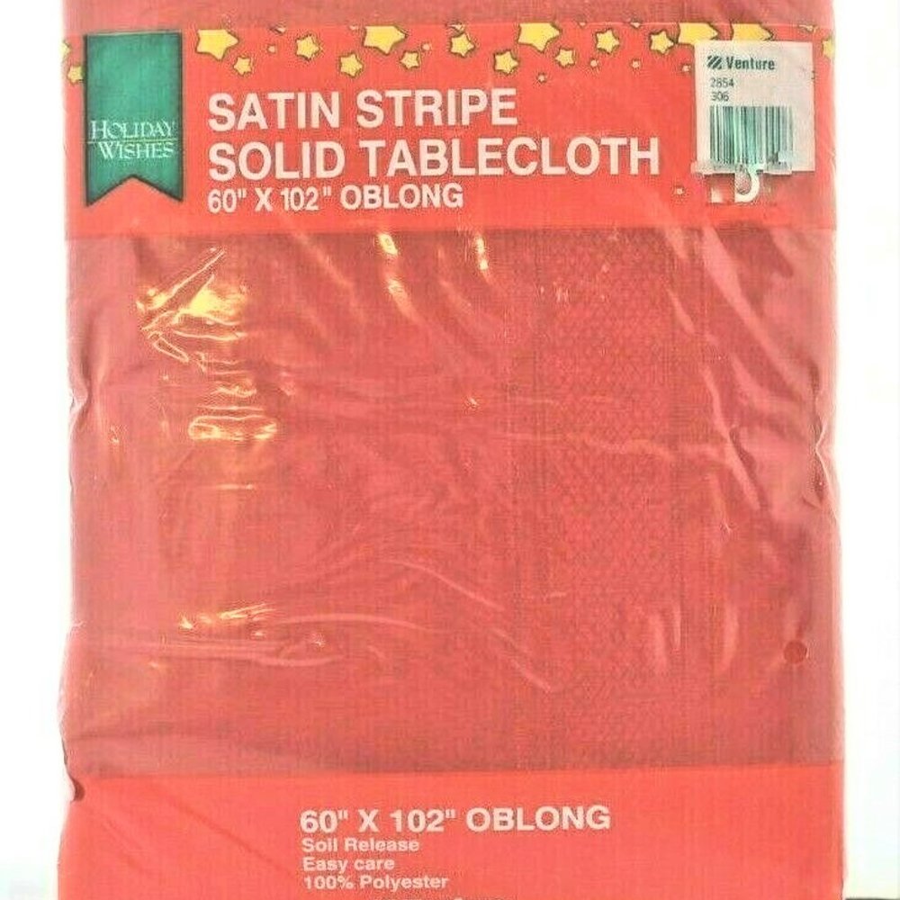 VTG Holiday Wishes Tablecloth Christmas Red Satin Stripe 60 X 102 Oblong NWT